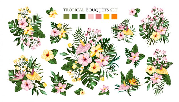 Set of tropical exotic flowers bouquets with frangipani hibiscus calla green monstera palm leaves. Floral branch arrangements wedding invitation save the date