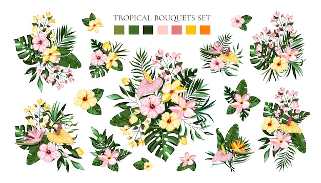 Set of tropical exotic flowers bouquets with frangipani hibiscus calla green monstera palm leaves. Floral branch arrangements wedding invitation save the date