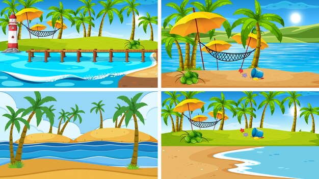 Set of tropical ocean nature scene or background with beaches