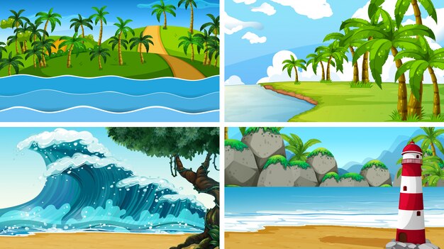 Set of tropical ocean nature scene or backgrounds with beaches