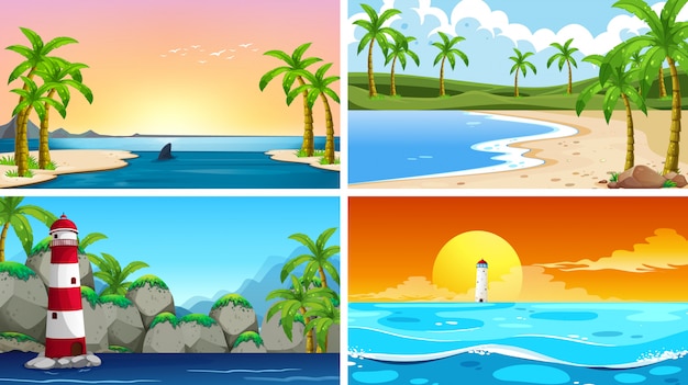 Набор тропических океанов природы сцены или фоны с пляжами
