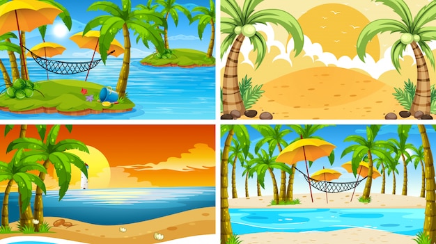 Set of tropical ocean nature scenes or background with beaches