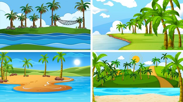 Set of tropical ocean nature scenes with beaches