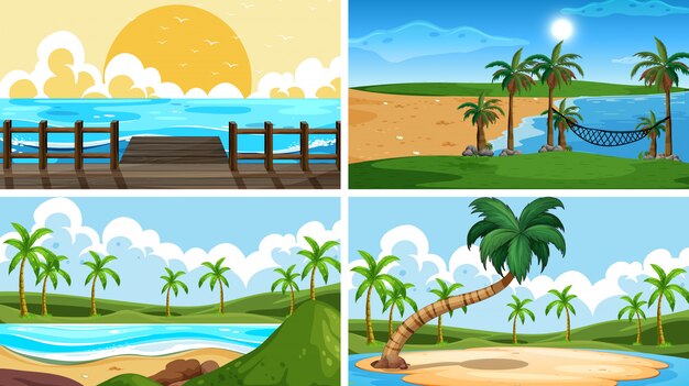 Set of tropical ocean nature scenes with beaches