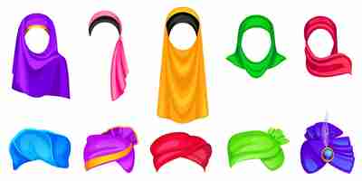 Vettore gratuito set di copricapi con turbante e hijab per uomo e donna, cappelli avvolgenti orientali e indiani