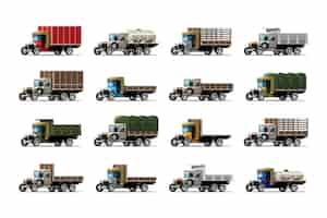 Free vector set of twelve trucks and tank with difference in antique design on white