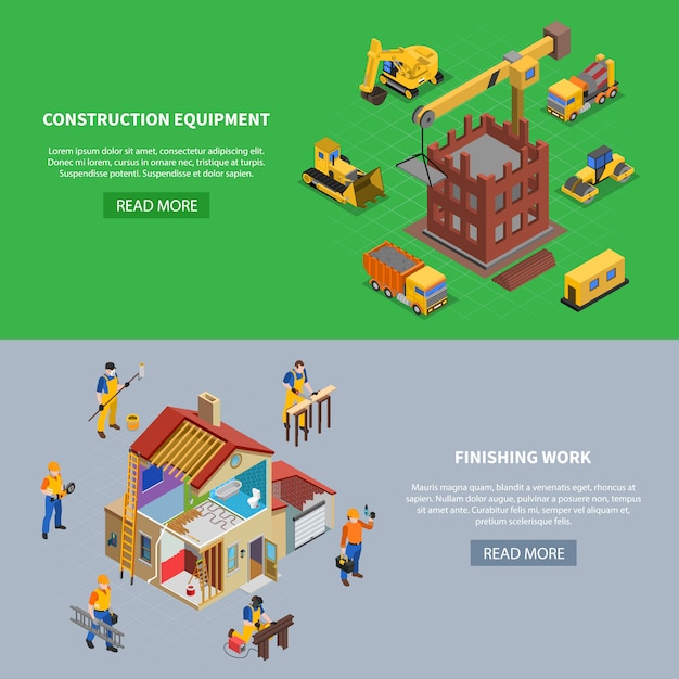 Free vector set of two construction isometric banners with read more button text and building related image compositions vector illustration