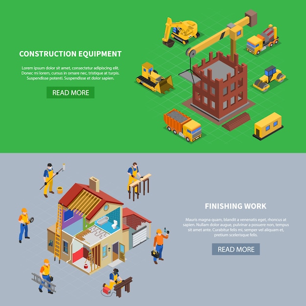 Set of two construction isometric banners with read more button text and building related image compositions vector illustration