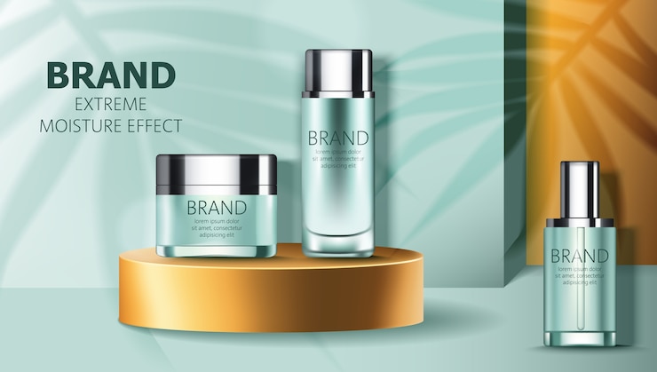 Free Vector set of two cosmetic containers on golden podium and one near by with place for text
