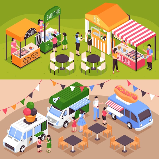 Free vector set of two horizontal food stalls isometric illustrations