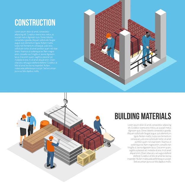 自由向量组两个水平等距建造师横幅与构造函数的图像特征和可编辑文本向量插图