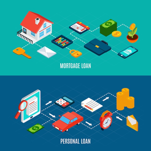 Set of two horizontal loans isometric banners with of private property documents and money coins