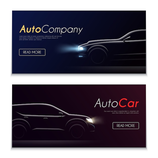 Set of two horizontal realistic car profile dark banners with clickable buttons editable text and automobile images vector illustration