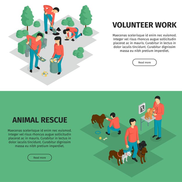 Set of two isometric charity horizontal banner with editable text read more button and human characters vector illustration