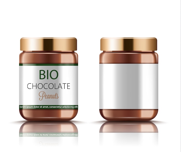 Set of two jars with golden lids filled with bio peanut chocolate