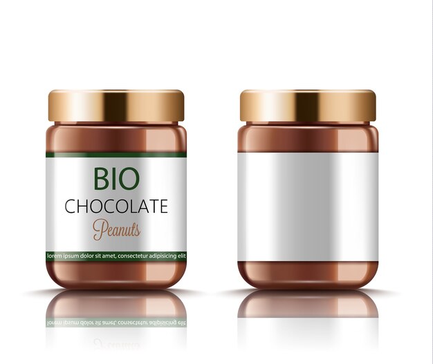 Set of two jars with golden lids filled with bio peanut chocolate