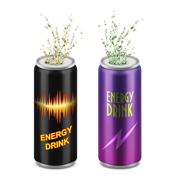 Set of two realistic aluminum cans with open lids and splashes isolated on background