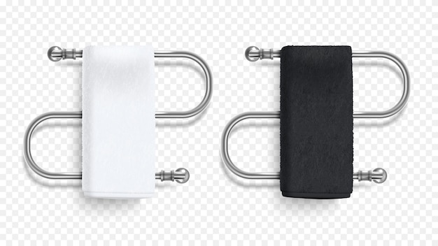 Vettore gratuito set di due binari riscaldati argento moderno realistico con asciugamani bianchi e neri isolati su sfondo trasparente illustrazione vettoriale