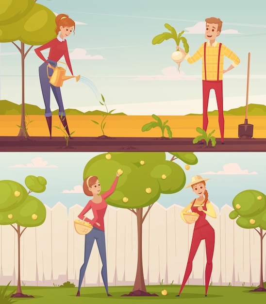 두 개의 직사각형 정원사 농부 만화 사람들 다채로운 작곡 세트