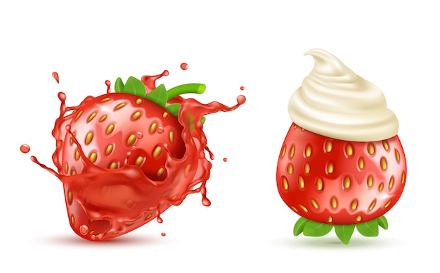 Set of two red ripe strawberries with juicy splash and with whipped cream or icing, isolated 