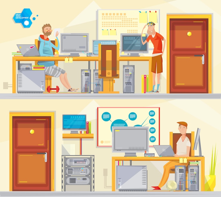 मुफ़्त वेक्टर set of two soft engineer private office interior compositions with cartoon worker characters