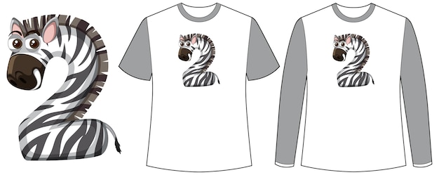 Set of two types of shirt with zebra in number two shape screen on t-shirts