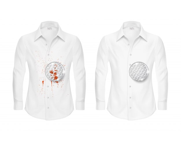 Set of two white shirts, clean and dirty, with magnifying glass showing fabric fiber