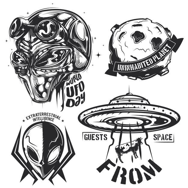 Set of UFO elements (aliens, flying saucer, planet etc.) emblems, labels, badges, logos.