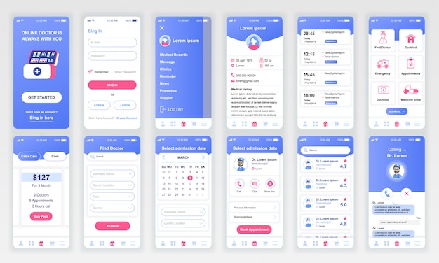 Set of ui, ux, gui screens medicine app flat