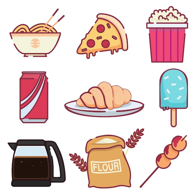 Set di oggetti alimentari malsani includono fetta di pizza bibita gelato caffè caldo in pentola e popcorn in stile disegno isolato su sfondo bianco illustrazione vettoriale
