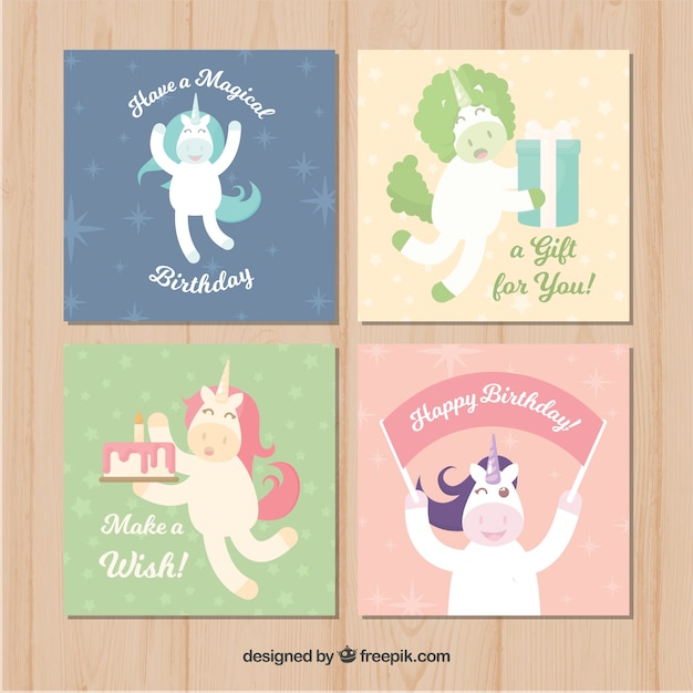 Free vector set of unicorn birthday cards