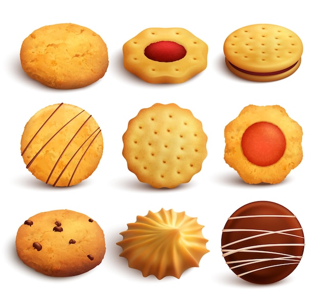 Set of variety cookies baked from wheat flour isolated on white  in realistic style