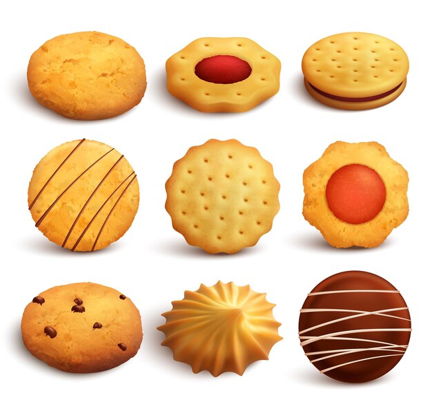 Set of variety cookies baked from wheat flour isolated on white  in realistic style