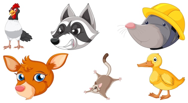 Set of various animals cartoon characters