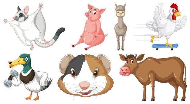 Set of various animals cartoon characters