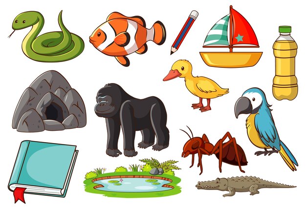 Set of various animals and objects