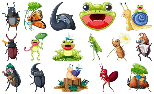 Set of various insects and amphibians cartoon