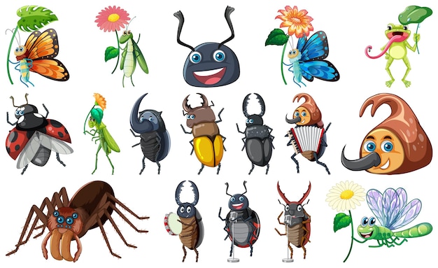 Free vector set of various insects and amphibians cartoon