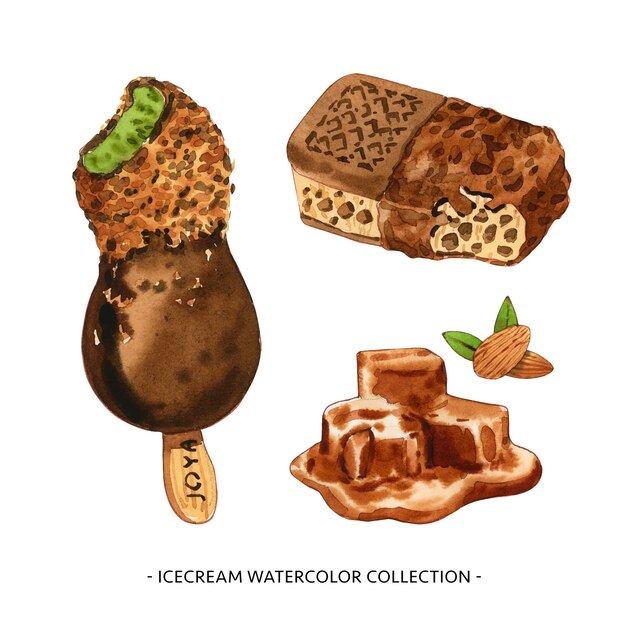 Set of various isolated ice cream watercolor illustration for decorative use.
