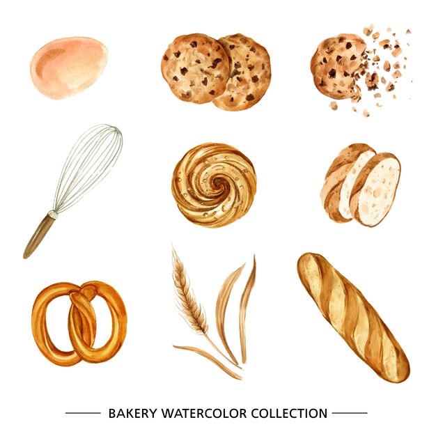 Set of various isolated, watercolor bakery