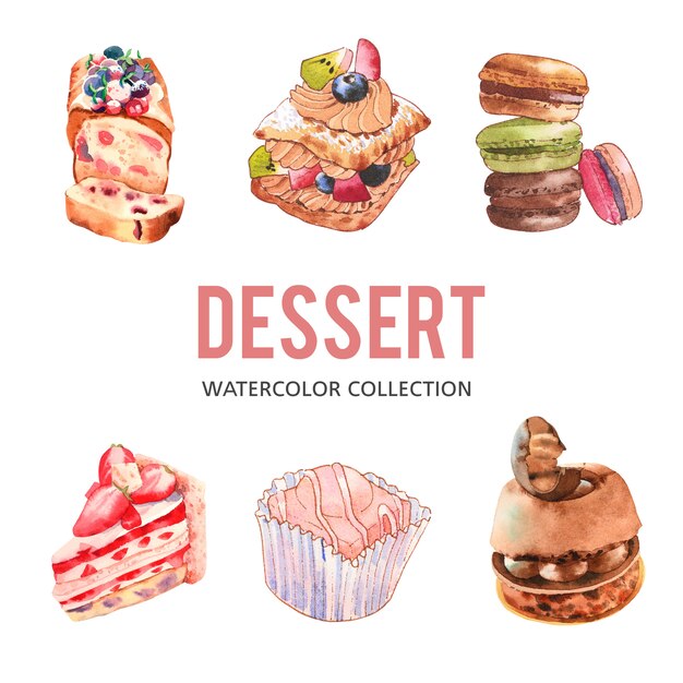 Набор различных изолированных иллюстрация акварель десерт