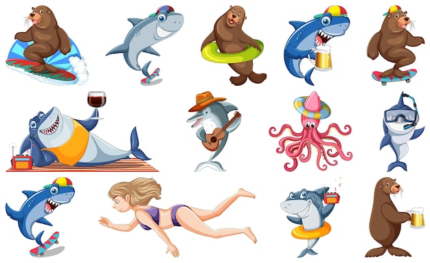 Free vector set of various sea animals cartoon characters