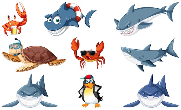 Set of various sea animals cartoon characters