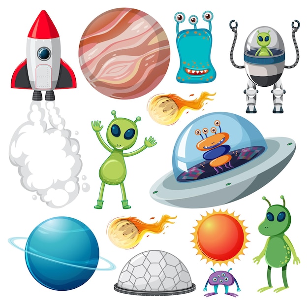 set of various space objects on white background