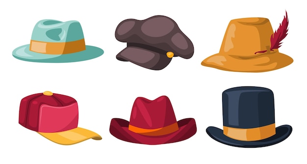 Vettore gratuito set di vari stili di cappello maschile di moda in stile cartone animato
