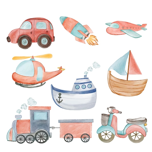 Free vector set of various of transportation watercolor illustration collection