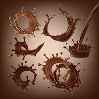 Vettore gratuito set di illustrazioni 3d vettoriali, spruzzi e gocce di cioccolato fondente scuro e latte, caffè caldo, cacao