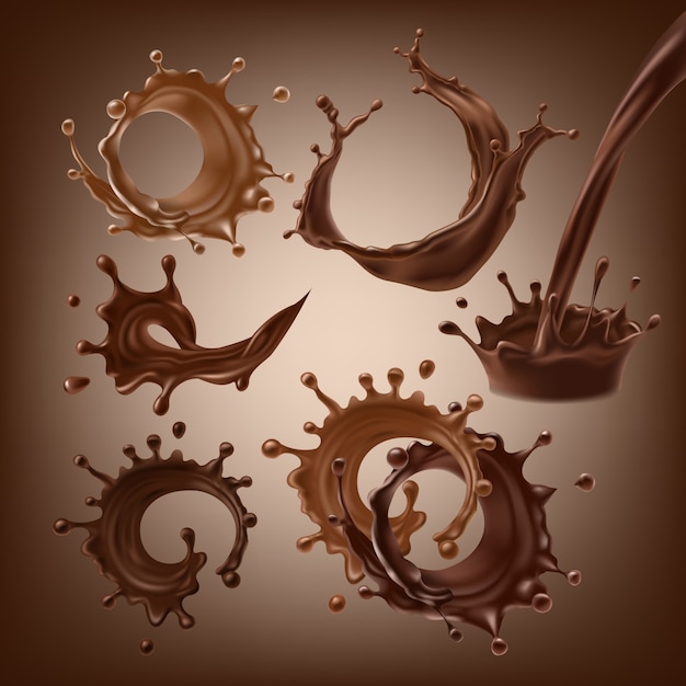 Набор векторных 3D-иллюстраций, брызг и капель расплавленного темного и молочного шоколада, горячего кофе, какао