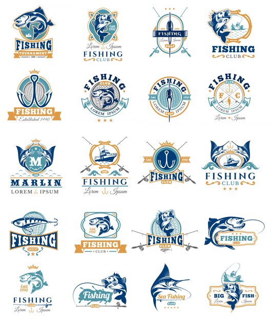 Set of vector badges, stickers on catching fish.