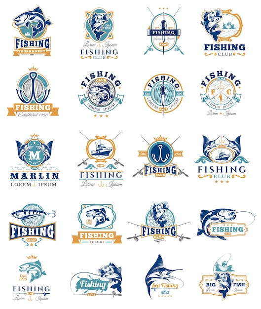 Set of vector badges, stickers on catching fish.
